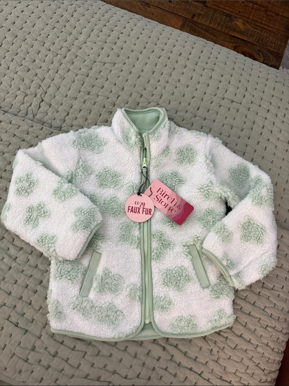 Birch & Stone Kids' Cream and Sage Faux-Fur Zip Jacket